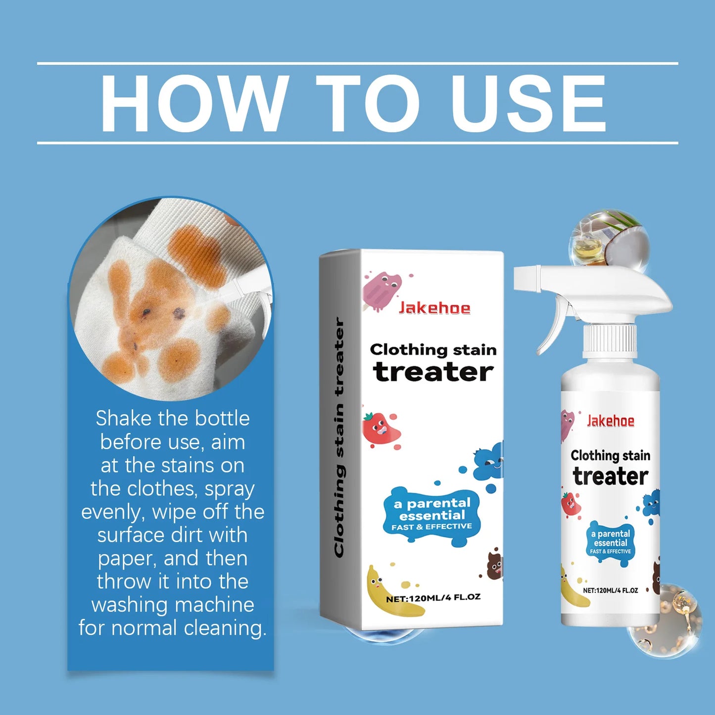 120ml Stain Remover Spray Effectively Clean Stubborn Stains Eliminate Odor Remove Yellowing & Whitening No Irritation No Residue