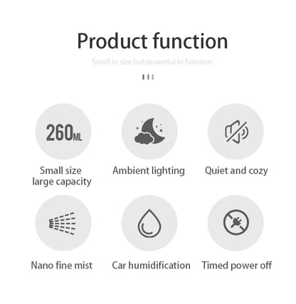 Humidifier Diffuser For Car Small 260ml Air Humidification Led Light Aromatherapy Machine Home Bedroom Big Spray