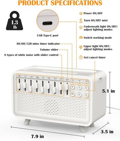 SleepMist Humidifier -Bluetooth White Noise Machine with Aroma Diffuser